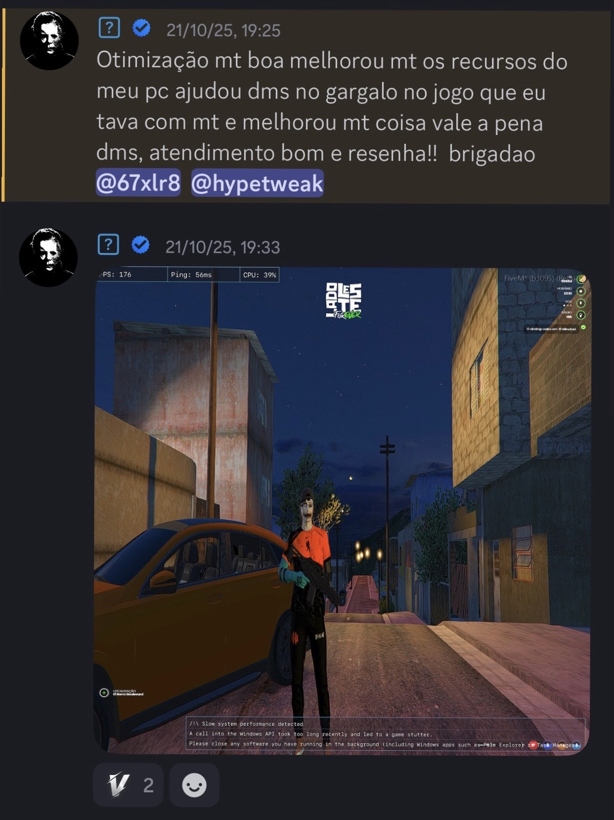 Print de feedback sobre melhora de gargalo e recursos do PC
