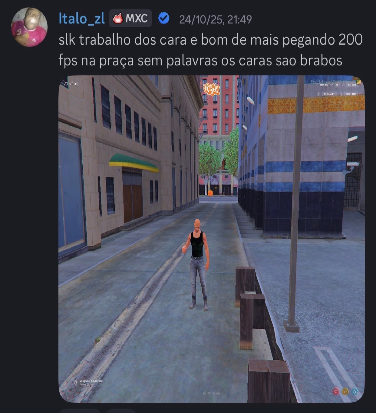 Print do feedback do cliente Italo_zl mostrando desempenho no FiveM
