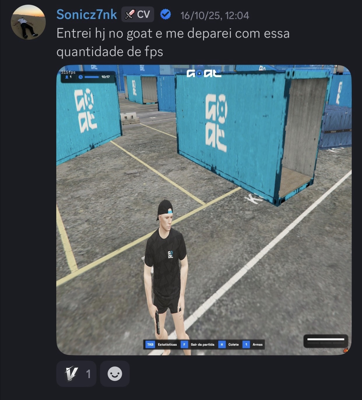 Print do feedback do cliente Sonicz7nk mostrando FPS no jogo