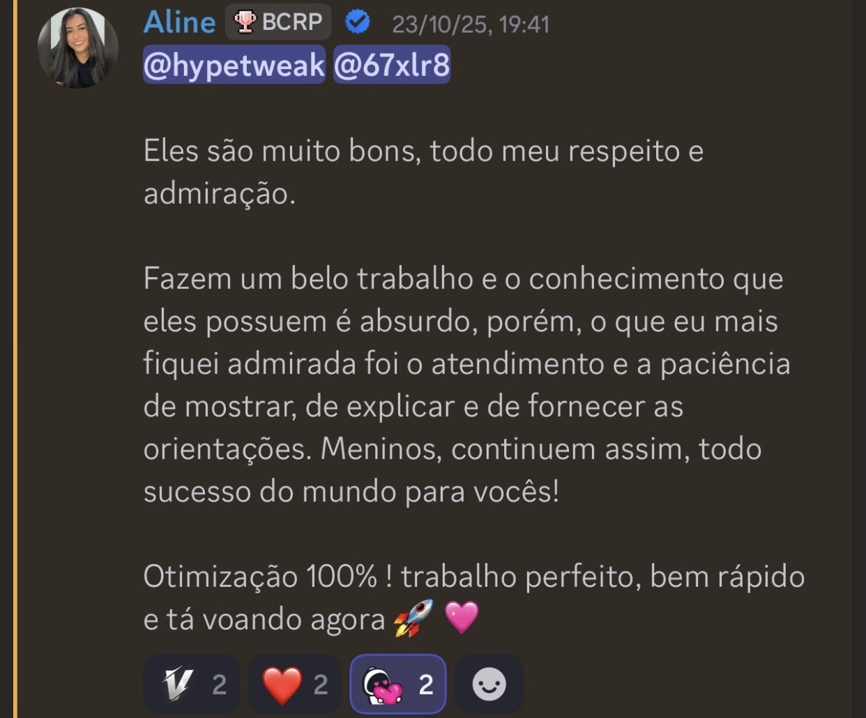 Print do feedback da Aline sobre a Hard Performance