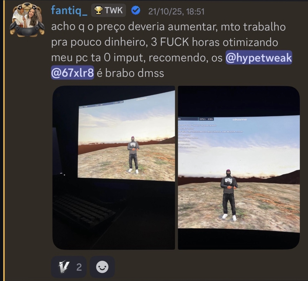 Print do feedback da cliente fantiq_ recomendando a otimização